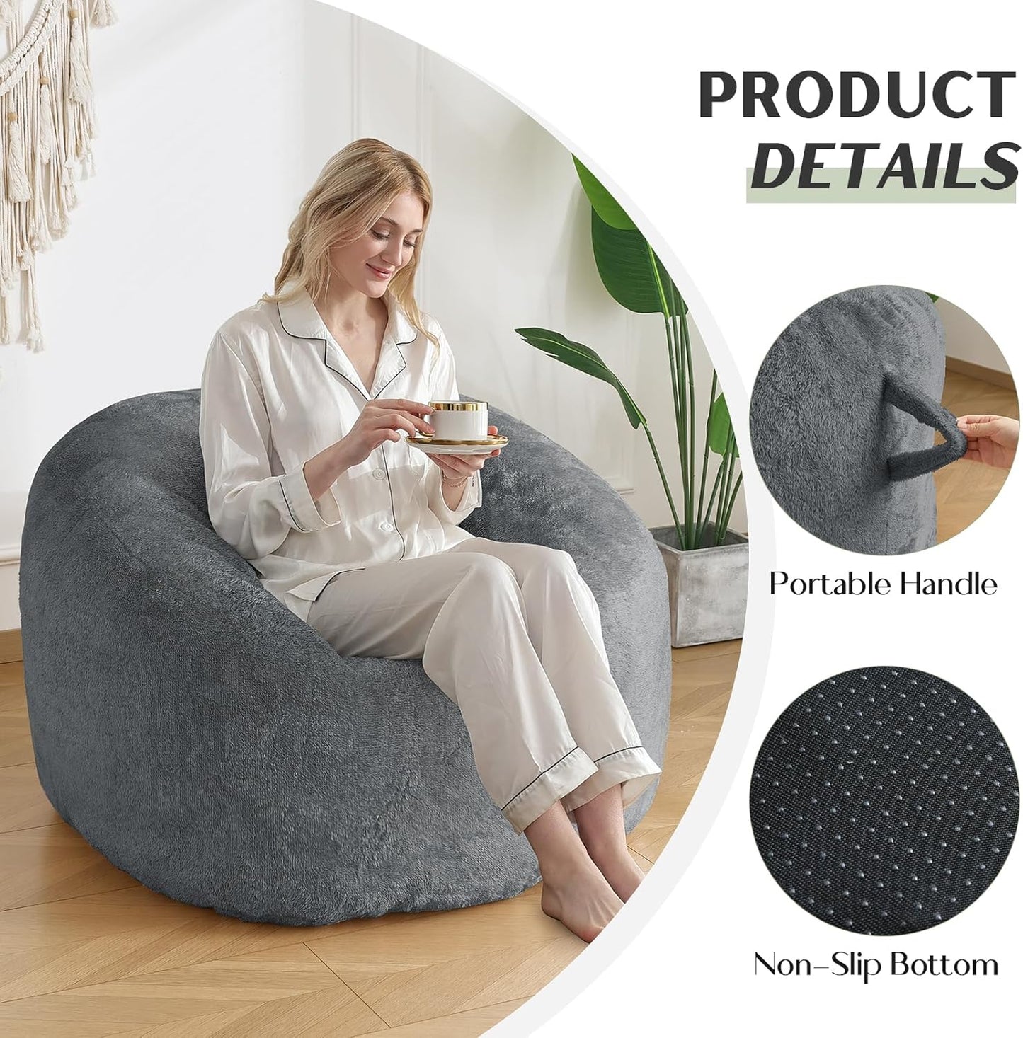 Large Bean Bag Chair,Sherpa Fabric Bean Bag Couch with Backrest,Comfy Bean Bag Sofa for Adults/Teens,Extra Soft Memory Foam Floor Sofa,Dark Grey