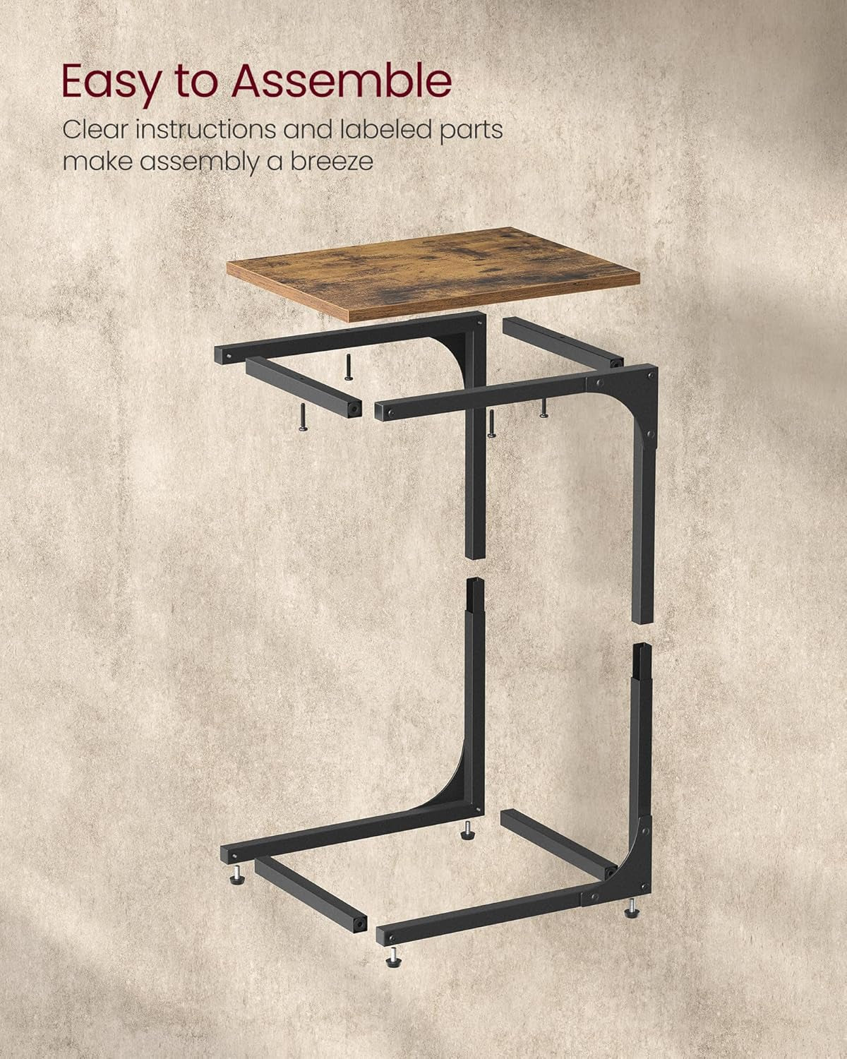 C-Shaped End Table Set of 2, Small Side Table for Couch, Sofa Table with Metal Frame for Living Room, Bedroom, Bedside, Rustic Brown and Black