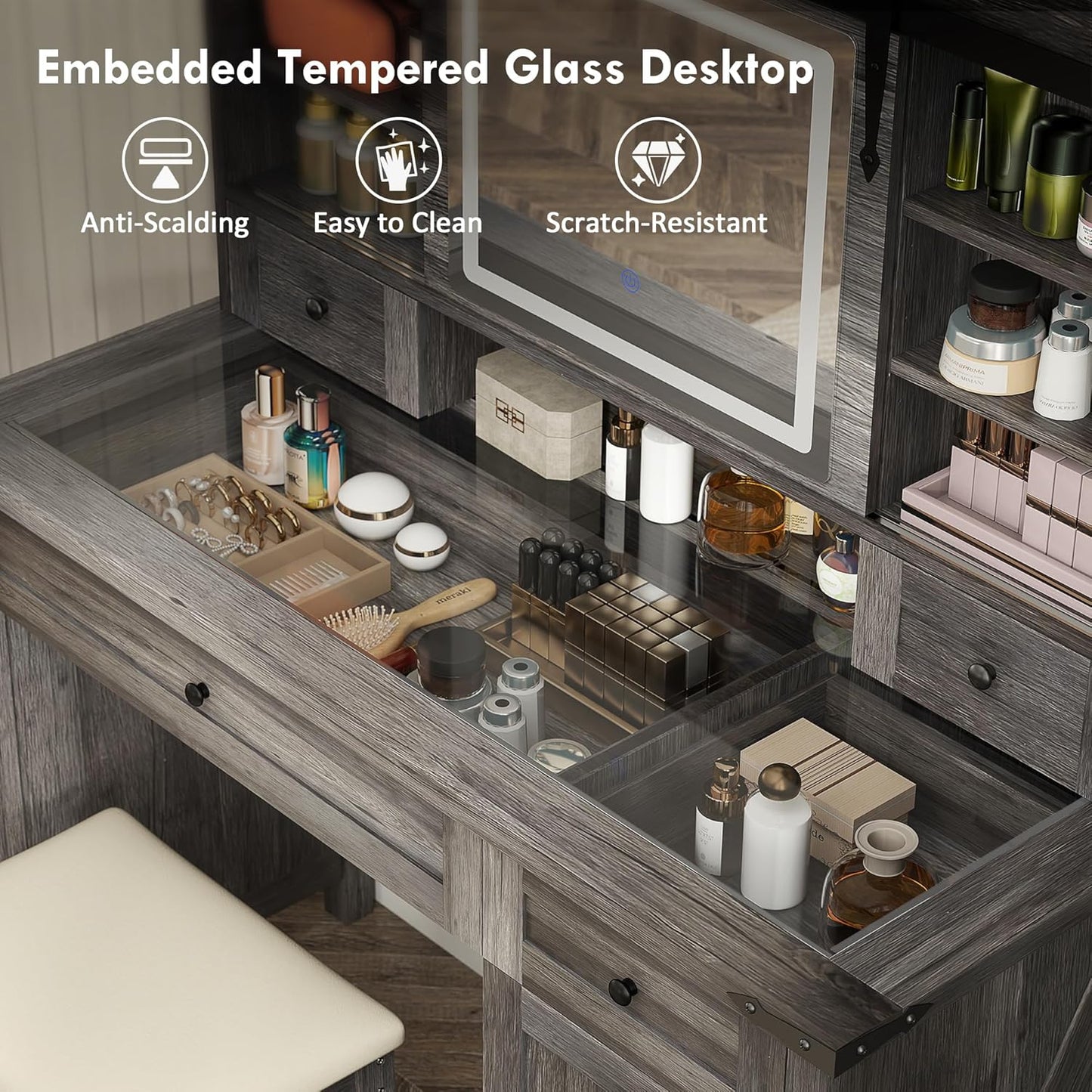 Farmhouse Vanity Desk with Mirror, LED Lights Makeup Vanity Table with 42 Inch Glass Tabletop, Cushioned Stool, Drawers & Shelves & Cabinet, Rustic Dressing Table Set for Bedroom, Gray