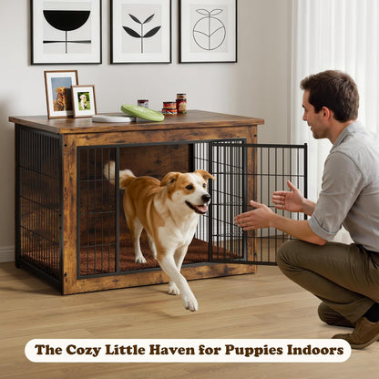 Dog Crate Furniture with Thick Cushion, Side End Table Wooden Dog Cage with Double Doors, Chew-Resistant Dog Kennel Dog House Indoor for Small to Large Dog