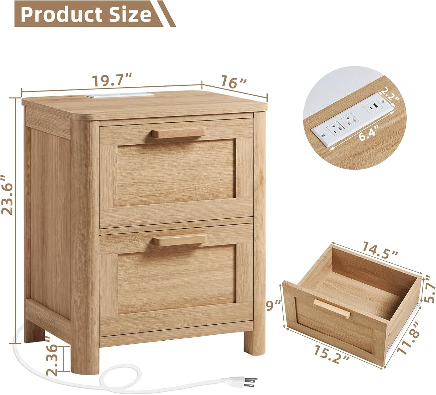 Farmhouse Nightstand with Charging Station, End Tables Bedroom with 2 Large Drawers & 4 Thickened Table Legs, Natural Wood