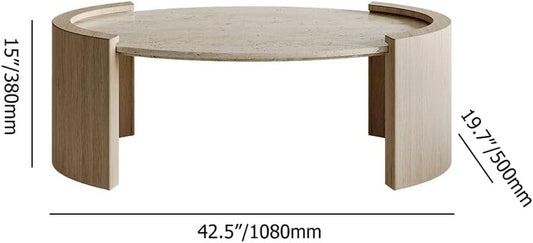 43" Japandi Oval Travertine Stone Top Coffee Table – Double Pedestal Oval Coffee Table with Natural Beige Stone Surface and Engineered Wood Base for Living Room and Lounge