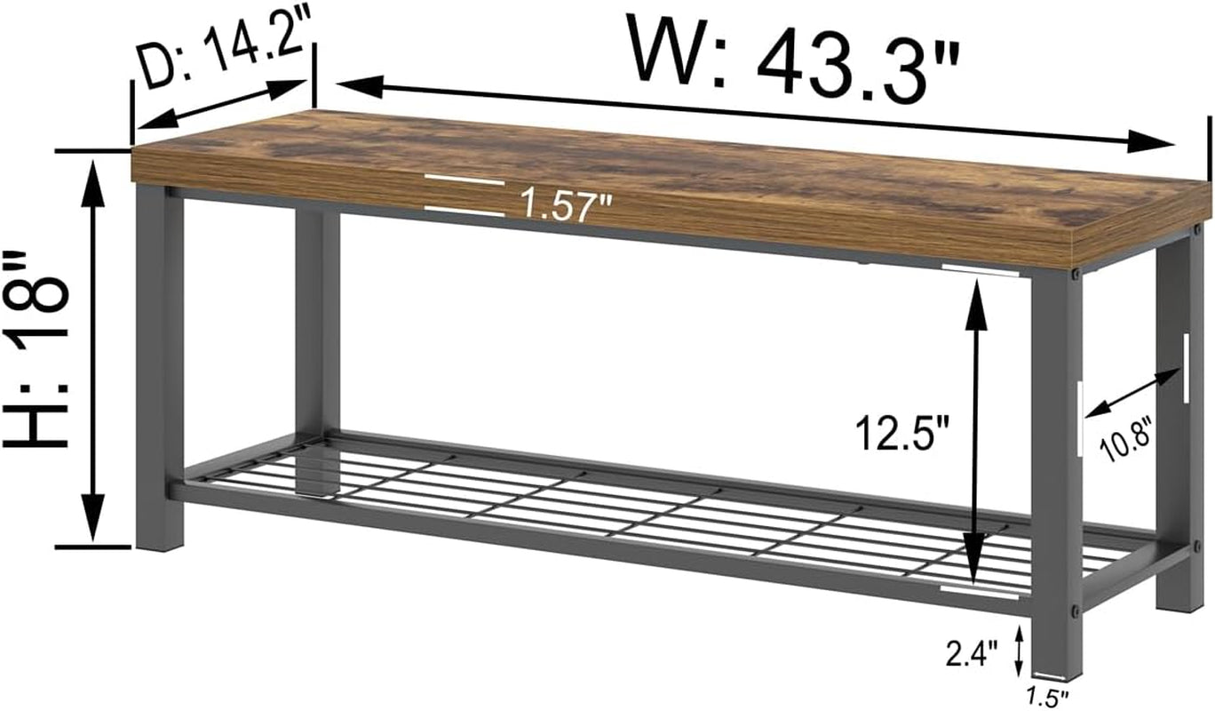 Entryway Bench, Modern Wood and Metal Storage Bench for Hallway Front Door Entrance, Industrial Indoor Shoe Rack Bench Seat for Living Room Bedroom, 43.3 Inch Rustic Brown