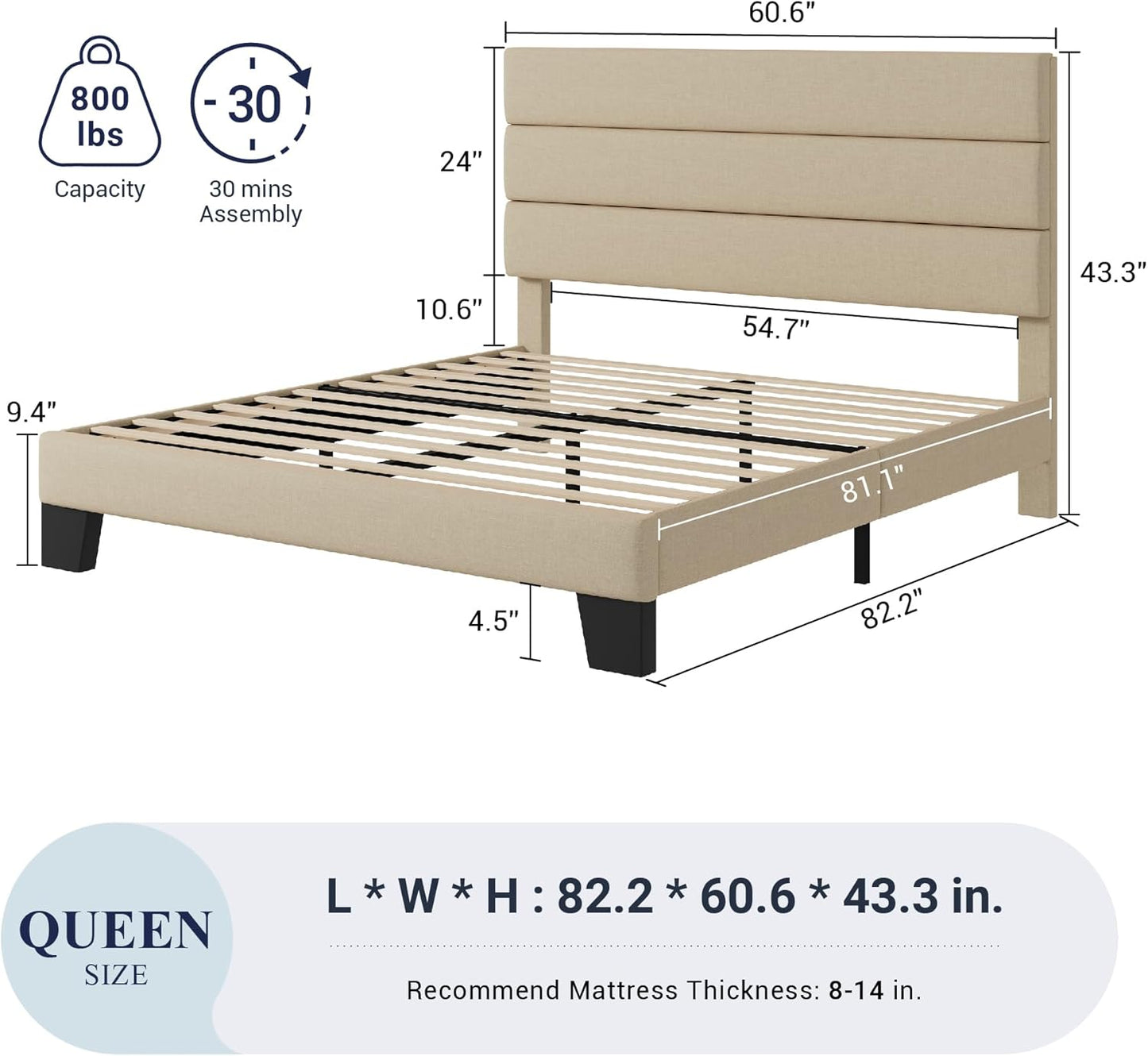 Queen Size Platform Bed Frame with Fabric Upholstered Headboard and Wooden Slats Support, Fully Upholstered Mattress Foundation/No Box Spring Needed/Easy Assembly, Beige