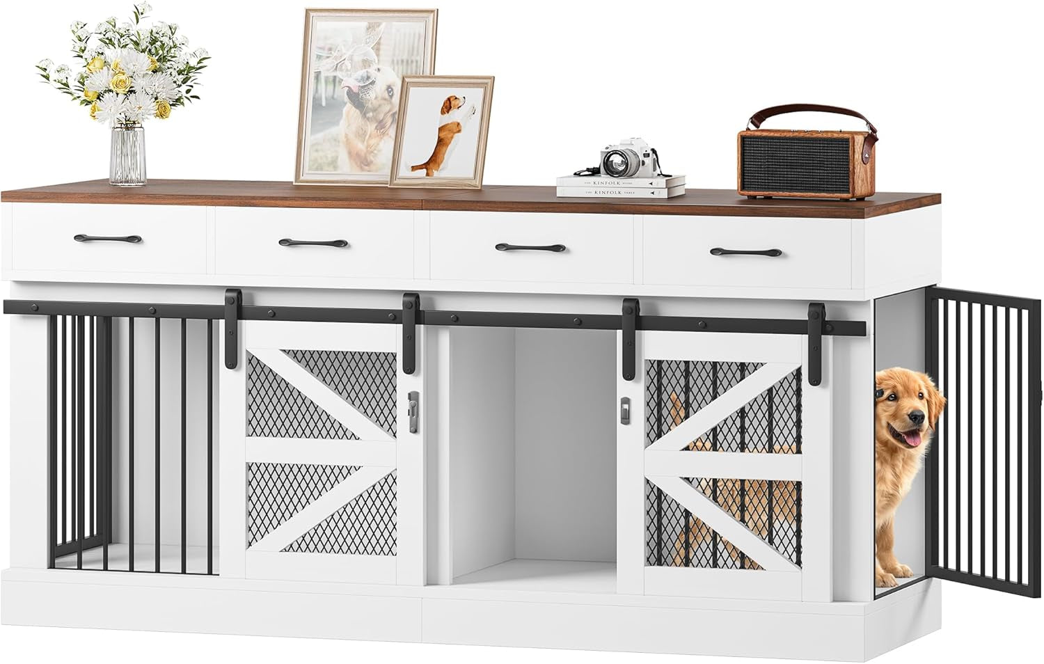 Dog Crate Furniture for 2 Dogs 71'' Extra Large Wooden Double Dog Crate TV Stand with Removable Divider, Multi-Functional Dog Cage with 4 Storage Drawers & 4 Doors for Large & Medium Dogs