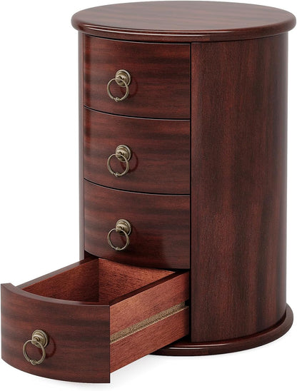 Solid Wood End Table Set of 2, round Side Table with 4 Drawers, Vintage Bedside Table Nightstand for Small Spaces, Living Room, Bedroom, No Assembly Required (2, Cherry Brown)
