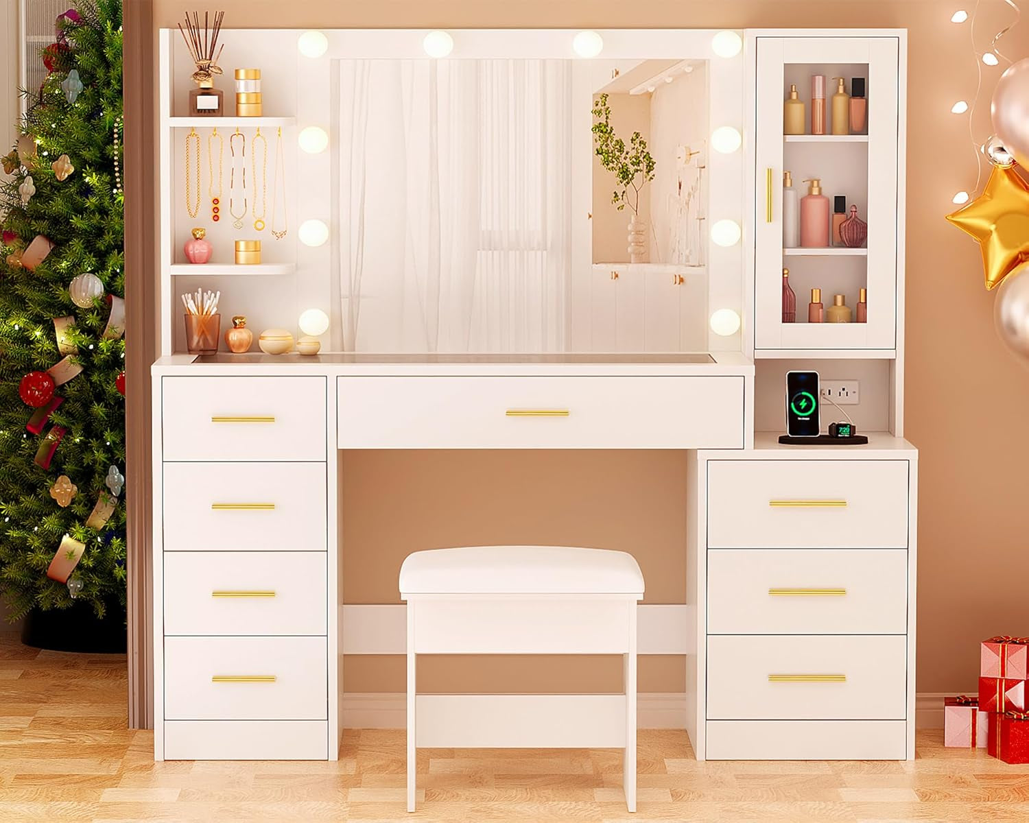 49.2" Large Vanity Desk with Mirror and Lights White Makeup Vanity Desk with Glass Top and Power Outlet 8 Drawers Nightstand 5 Hooks Vanity Table with Stool for Bedroom Women Girls UBDT88W