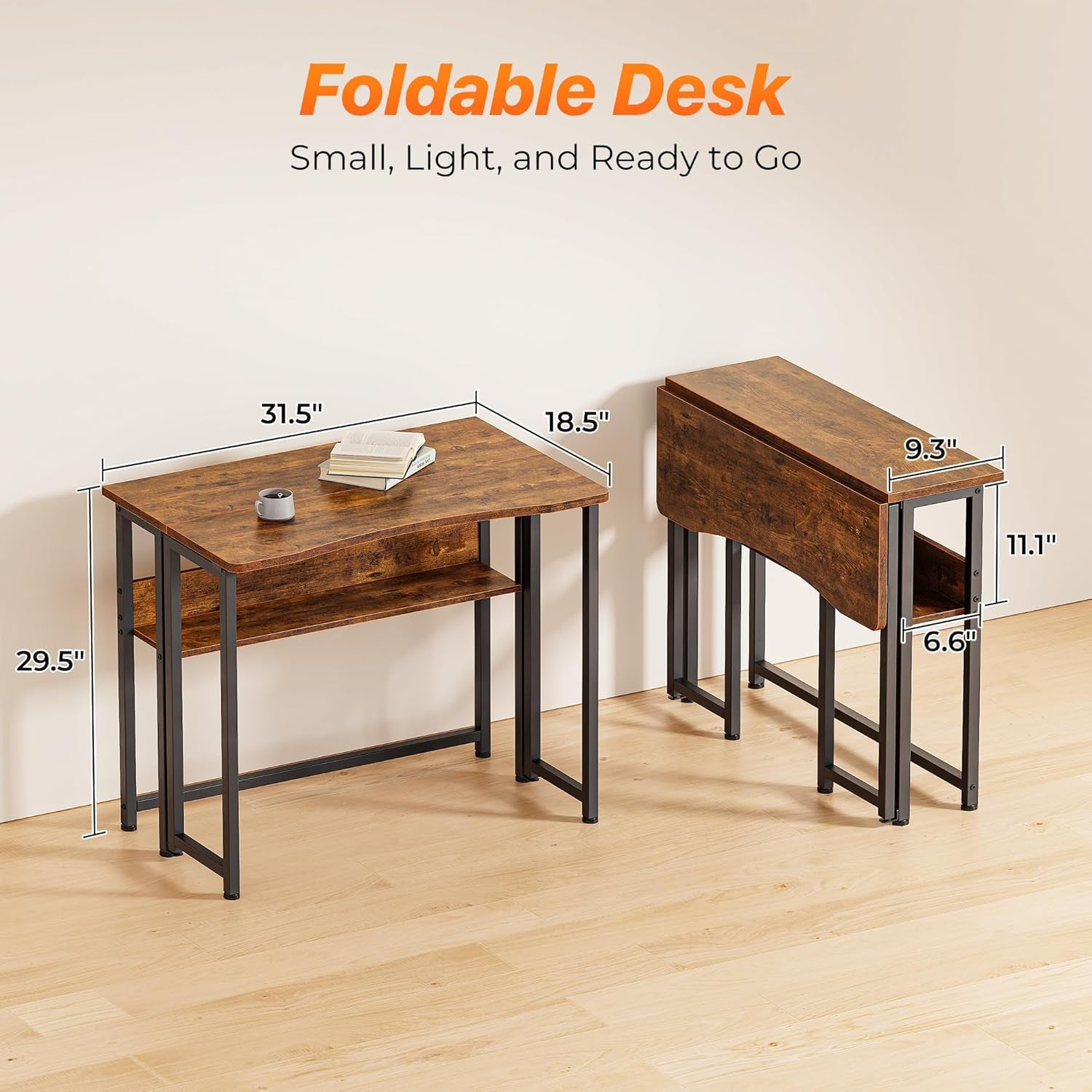 Folding Desk with Storage Shelf, 31.5 Inch Foldable Computer Table for Small Spaces, Space Saving Sofa Table for Couch, Writing Work Office Computer Desk, Easy to Fold, Rustic Brown