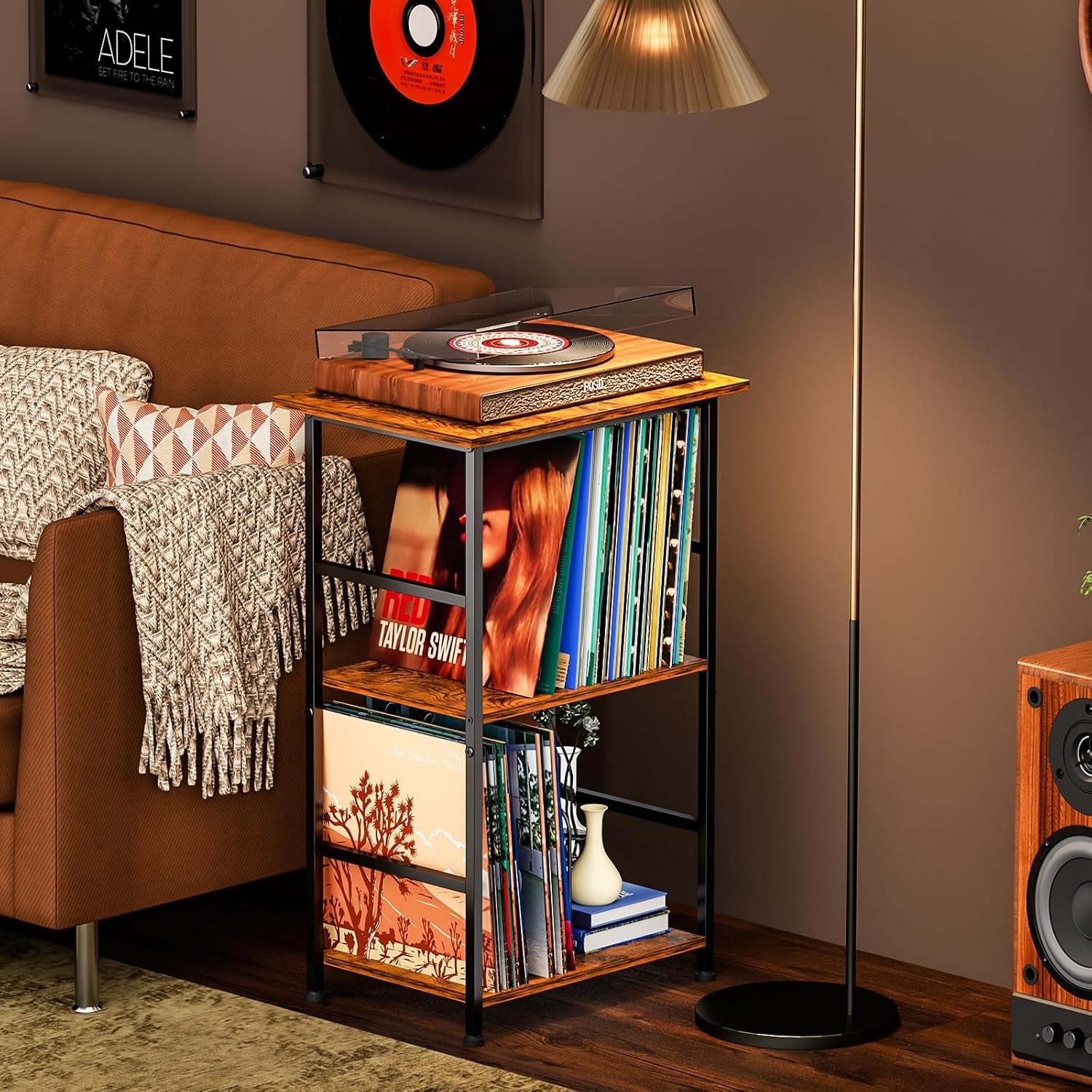 Vinyl Record Player Stand for 200 Albums - Solid Wood Turntable Table with Extended Desktop, Space-Saving LP Holder Cabinet for Living Room, Bedroom & Home Office