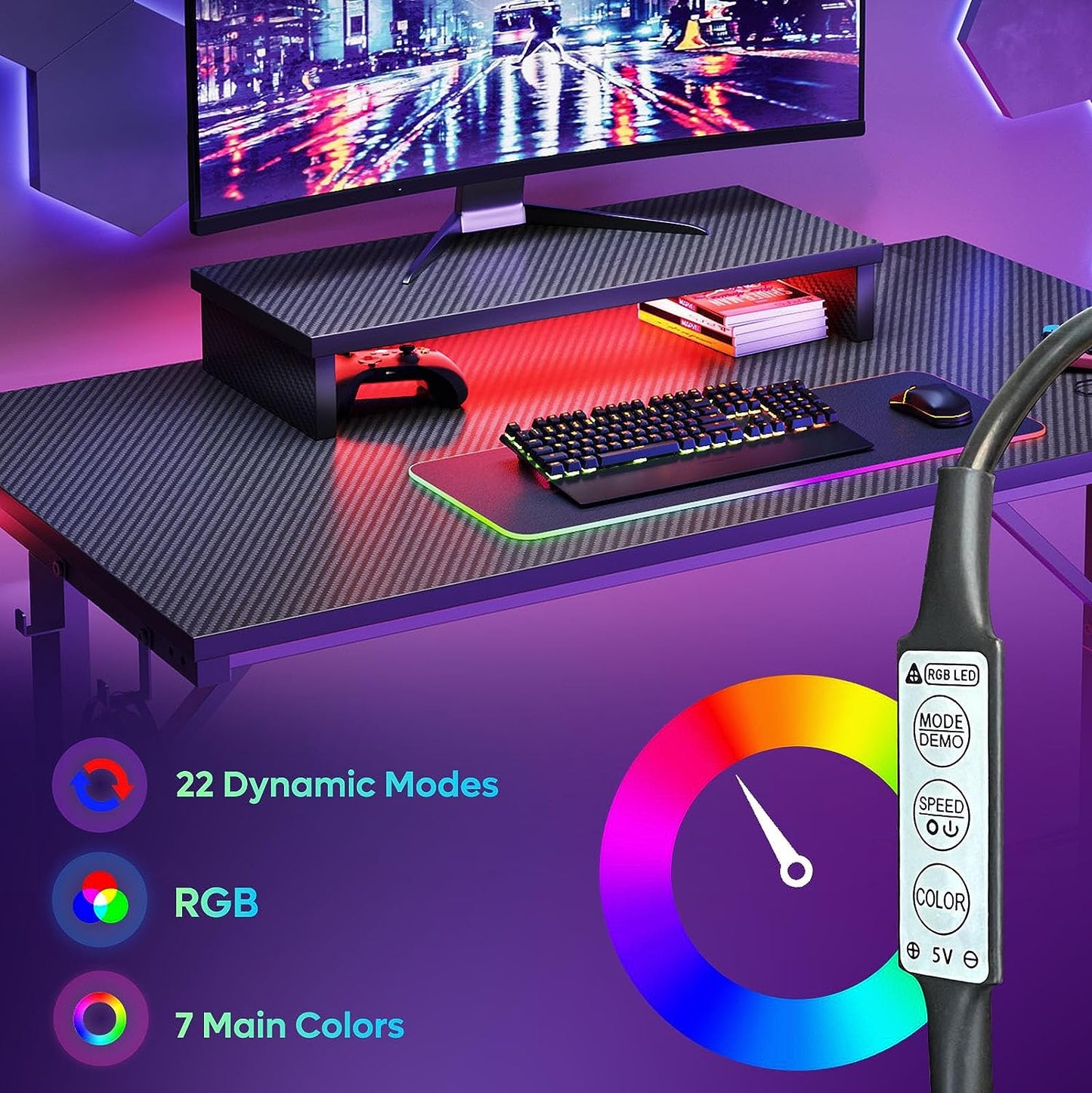 42 Inch Gaming Desk with LED Lights, Small Computer Gaming Table with Monitor Shelf, Gamer Desk with Headphone Hook, Kids Boys Computer Table with Black Carbon Fiber Texture