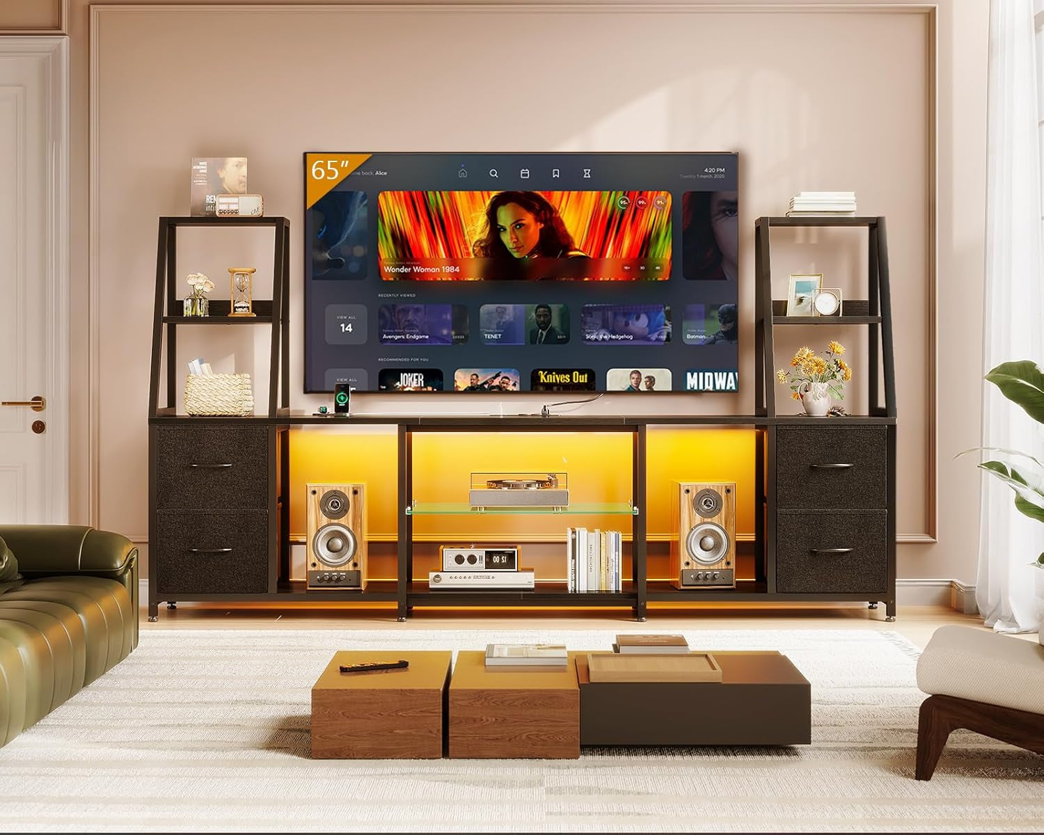 TV Stand for 40-60 Inch Tvs, Entertainment Center with LED Lights & Power Outlets, 4 Drawer Modern TV Media Console and Bookshelf TV Stand Combo for Living Room Bedroom, Black