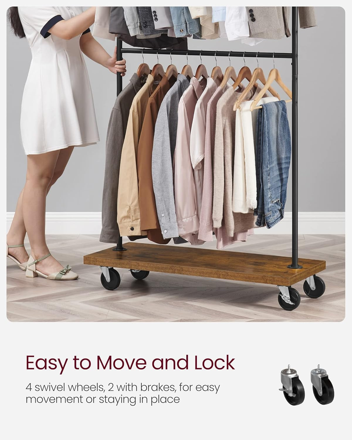 Clothes Rack, Clothing Rack with Wheels, 43.3-66.9 Inch Extendable Bar, Height-Adjustable Garment Rack, 332 Lb Load, 2 Brakes, Heavy-Duty, Industrial, Rustic Brown and Black URGR111B01V1