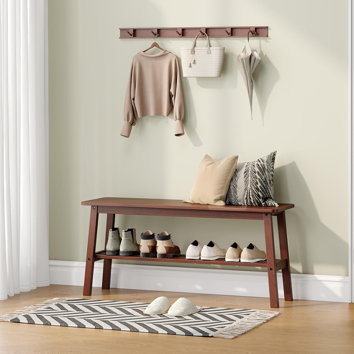 Solid Wood Dining Bench 39" Wooden Bench for Entryway, Bedroom, Kitchen & Living Room, with Shoe Rack Storage, Walnut