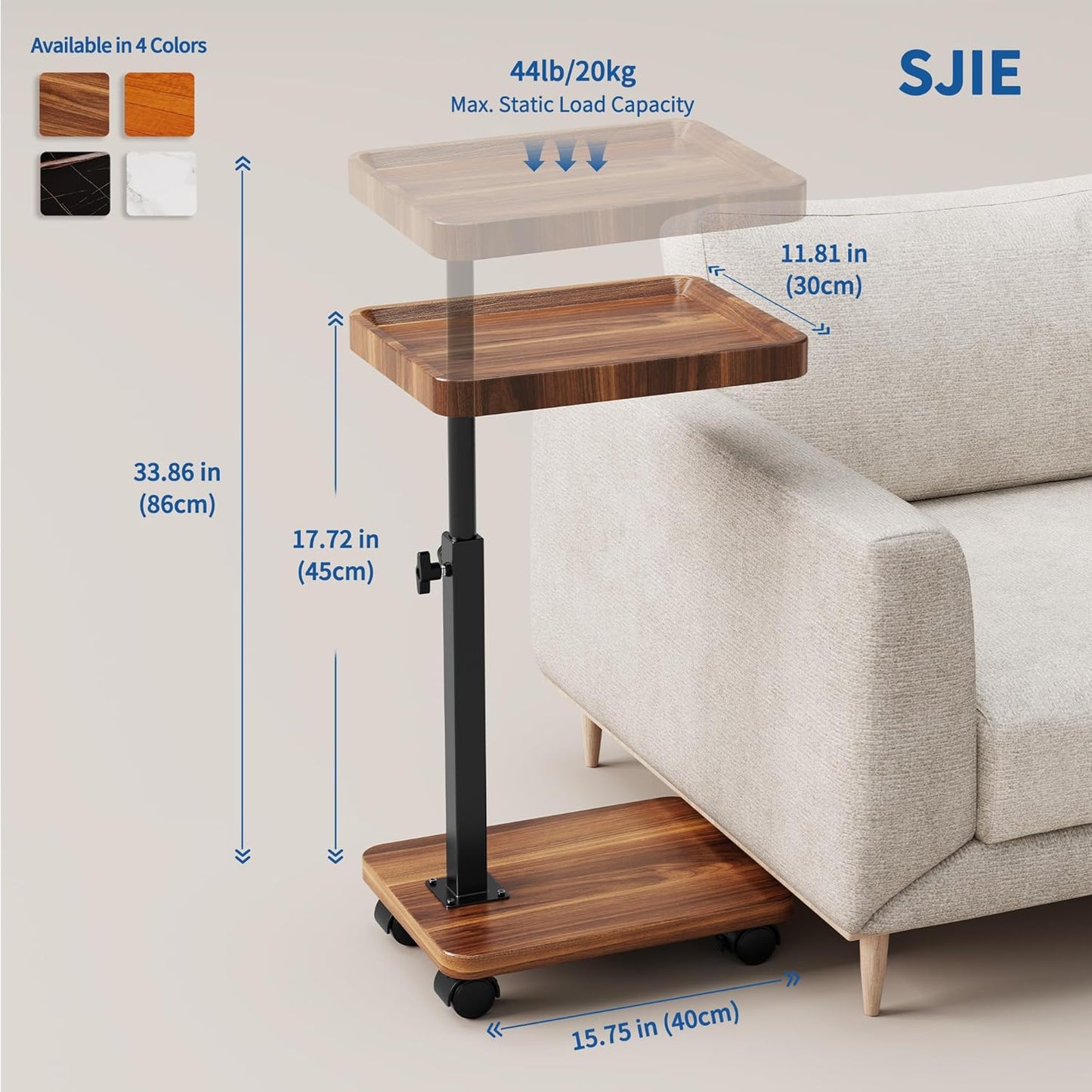 C Table End Table Adjustable Height, 360°Swivel TV Tray Table for Small Spaces, Side Tables with Wheels for Living Room and Bedroom, Bed (Walnut) | Adjustable Height, 360°Swivel, for Small Spaces, Couch Tables, That Slide Under, with Wheels