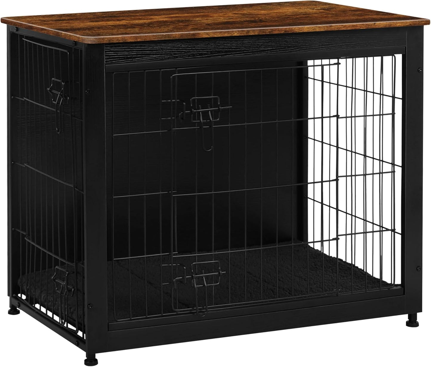 Dog Crate Furniture with Cushion, Wooden Kennel Table with Double Doors, Indoor Dog House, Medium Size, 32.5" L, Black+Rustic Brown