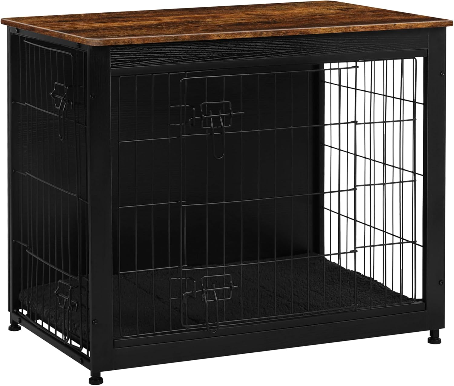 Dog Crate Furniture with Cushion, Wooden Kennel Table with Double Doors, Indoor Dog House, Medium Size, 32.5" L, Black+Rustic Brown