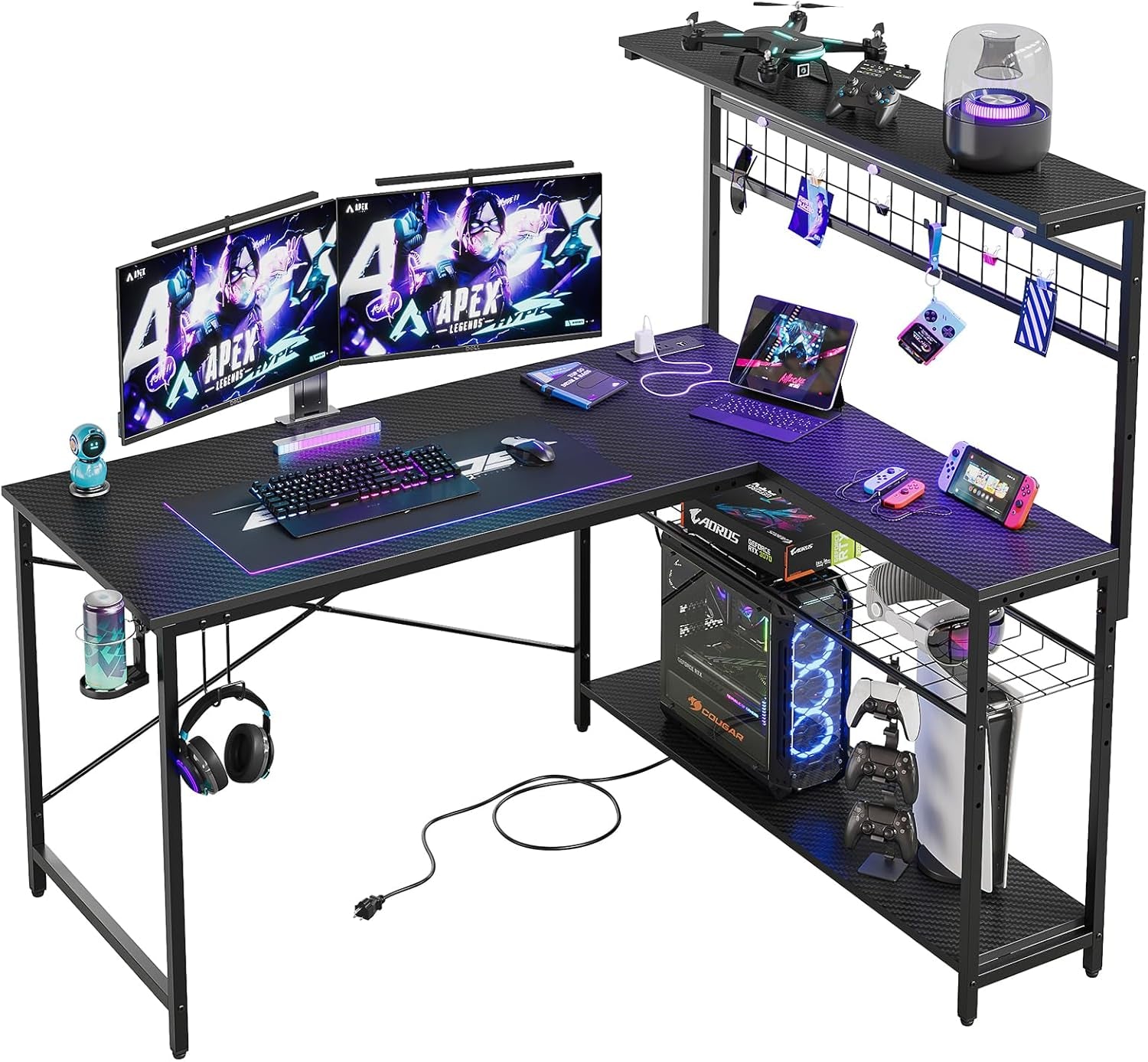 Gaming Desk 51" L-Shaped, with Power Outlets & LED Lights- 4 Tier Shelves, Reversible Gamer Table with Hooks & Cup Holder for Home Office Carbon Fiber Black