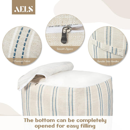 Unstuffed Farmhouse Pouf Cover for Living Room, Boho Storage Bean Bag Cubes, Beige with Navy Blue Stitch Yarn Dyed Stripe Square Ottoman Pouf Foot Rest Footstool, 18"X18"X18", Cover ONLY