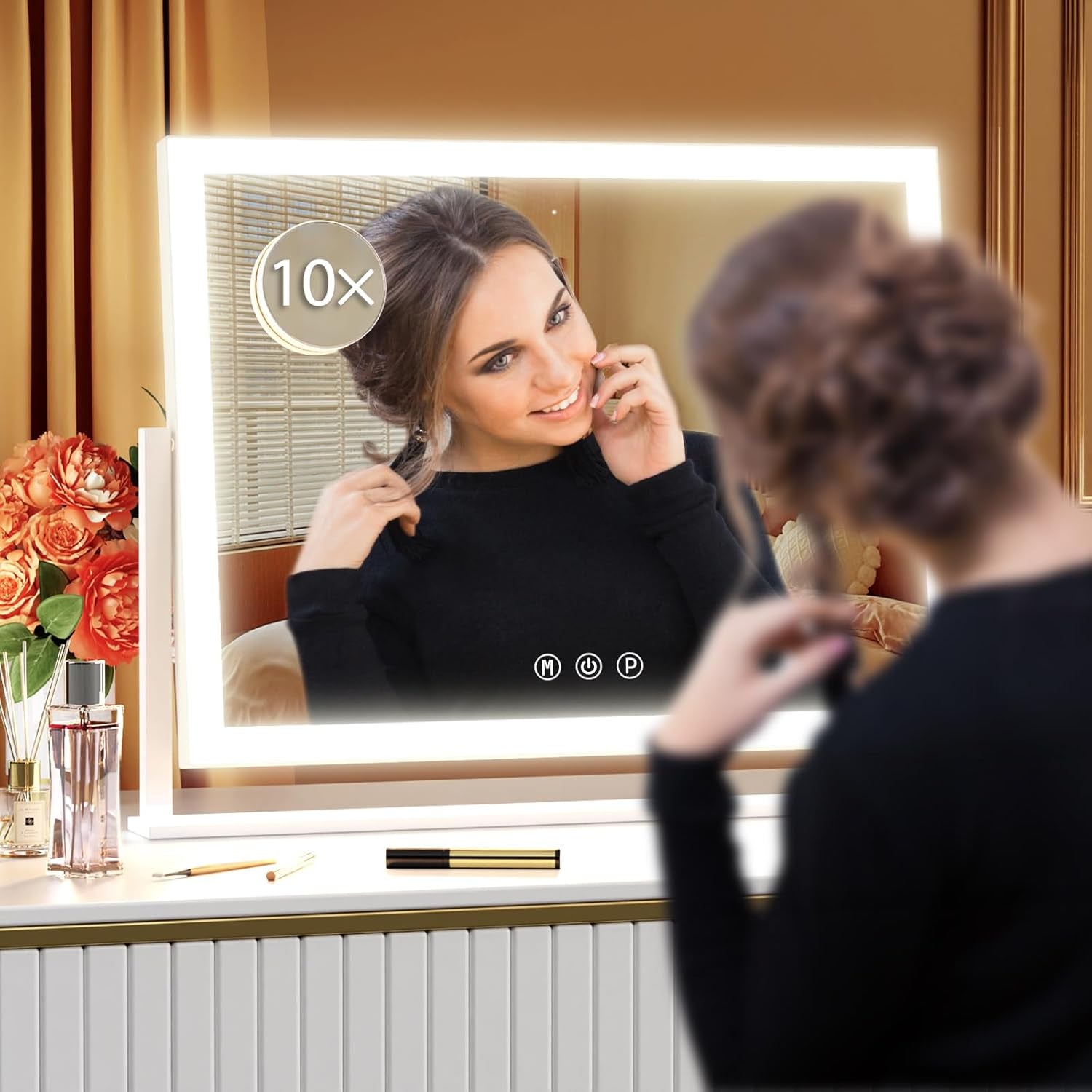 Lighted Makeup Mirror, 17.3"X13" Hollywood Vanity Mirror with Led Lights, Three Color Lighting Modes, and 10X Magnification Mirror, Smart Touch Control, 360°Rotation (White, Gift Box)