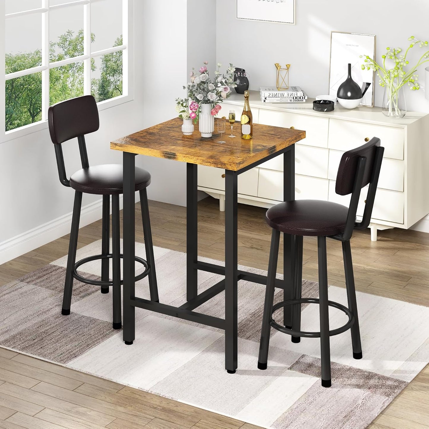 3 Piece Pub Dining Set, Modern Bar Table and Stools for 2 Kitchen Counter Height Wood Top Bistro Easy Assemble for Breakfast Nook Living Room Small Space Restaurant, Rustic Brown 24”