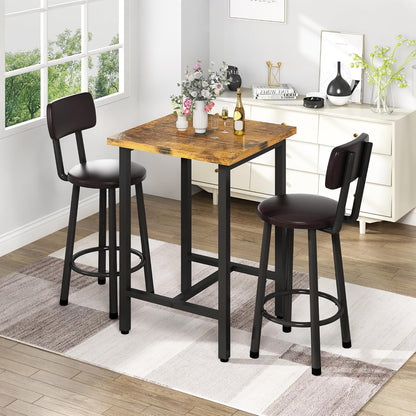 3 Piece Pub Dining Set, Modern Bar Table and Stools for 2 Kitchen Counter Height Wood Top Bistro Easy Assemble for Breakfast Nook Living Room Small Space Restaurant, Rustic Brown 24”