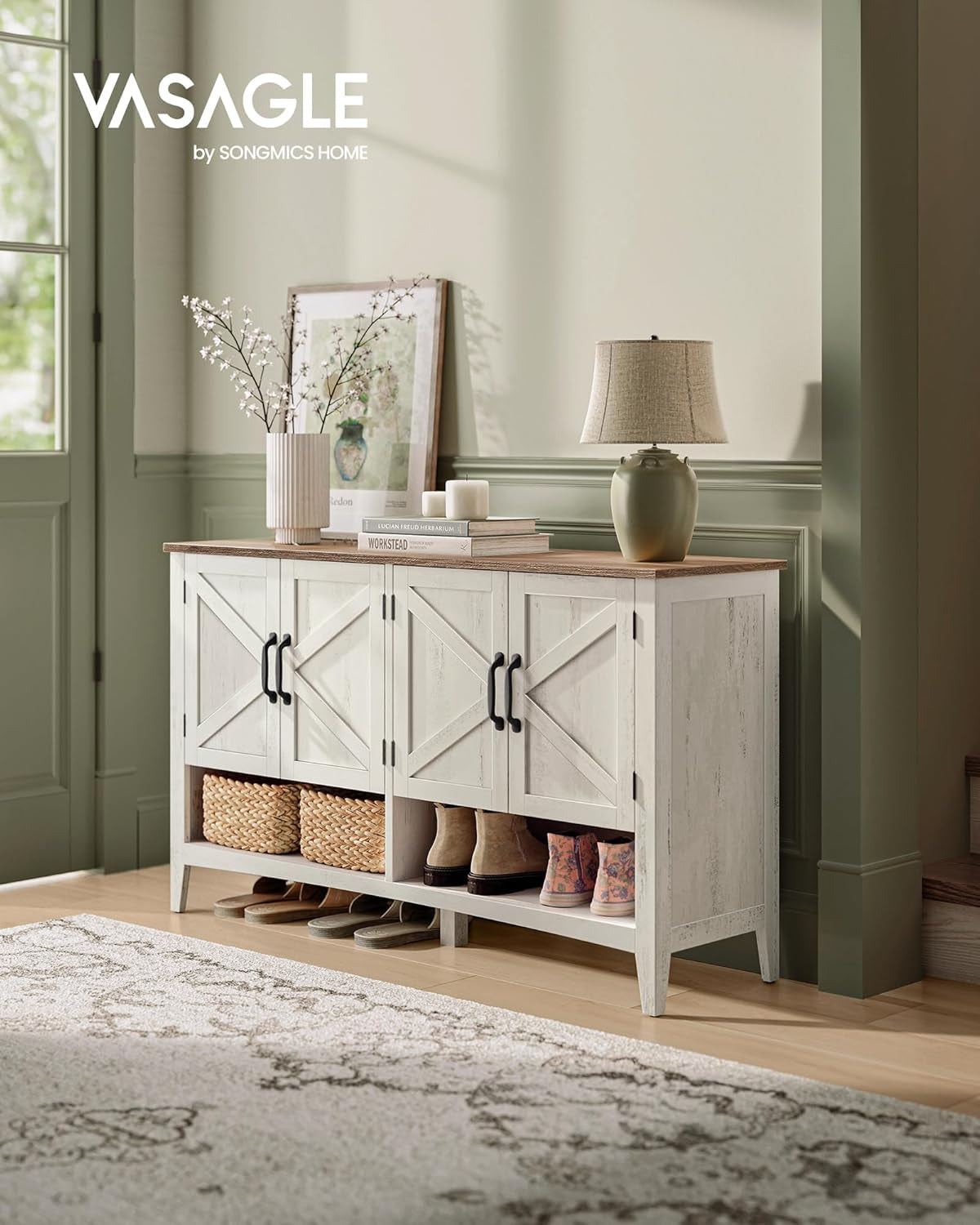 Shoe Cabinet, 3-Tier Shoe Storage Organizer, Farmhouse Freestanding Cabinet with Height-Adjustable Shelf, 13.8 X 47.2 X 27.6 Inches, Entryway, Rustic White ULBC039W01
