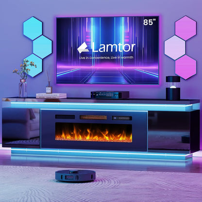 Fireplace Tv-Stand with 40" Fireplace - 2 LED Light Tv-Stand for 85 Inch Tvs - Entertainment Center with 4 AC Power Outlets - 2 Tier TV Consoles Stand for Living Room, Black