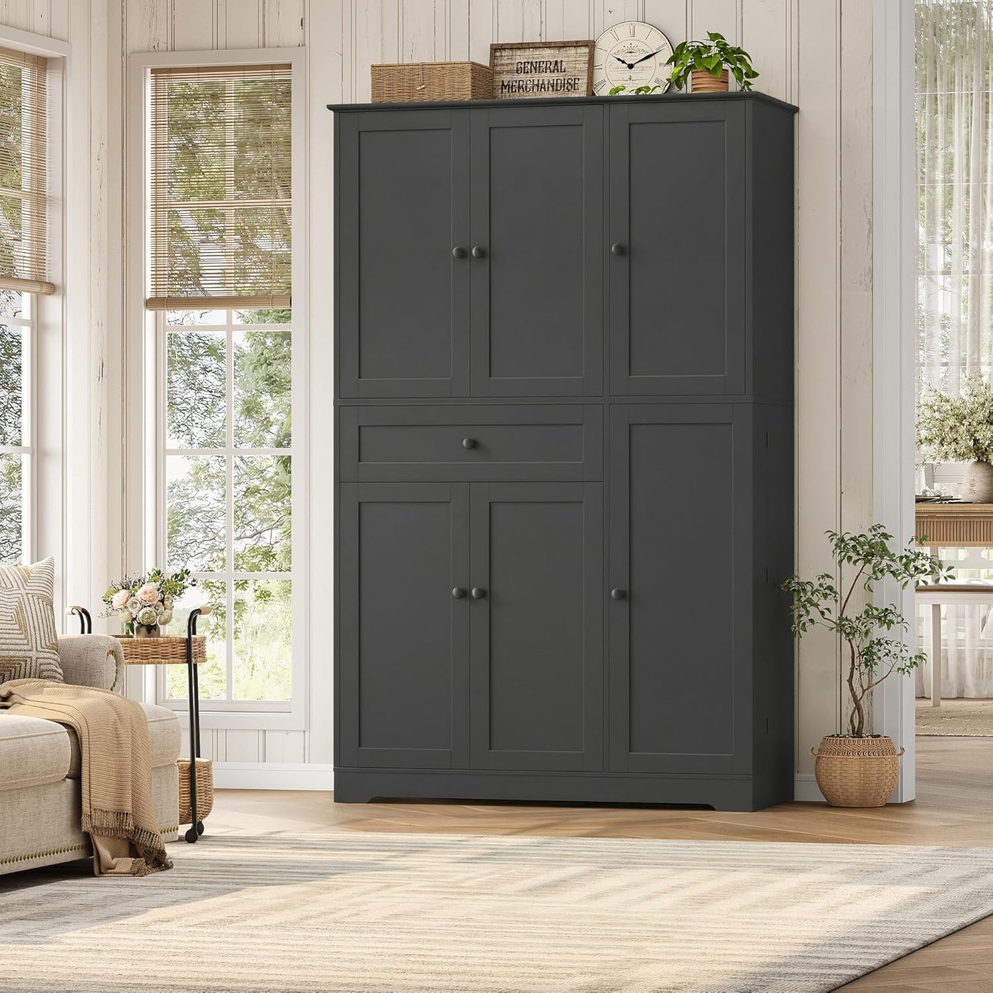 68" Tall Kitchen Pantry Storage Cabinet, Modern Kitchen Hutch Cabinet with Doors and Shelves, Freestanding Food Pantry with Large Storage Drawer for Dining Room, Living Room, Black