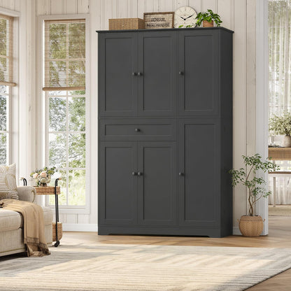 68" Tall Kitchen Pantry Storage Cabinet, Modern Kitchen Hutch Cabinet with Doors and Shelves, Freestanding Food Pantry with Large Storage Drawer for Dining Room, Living Room, Black