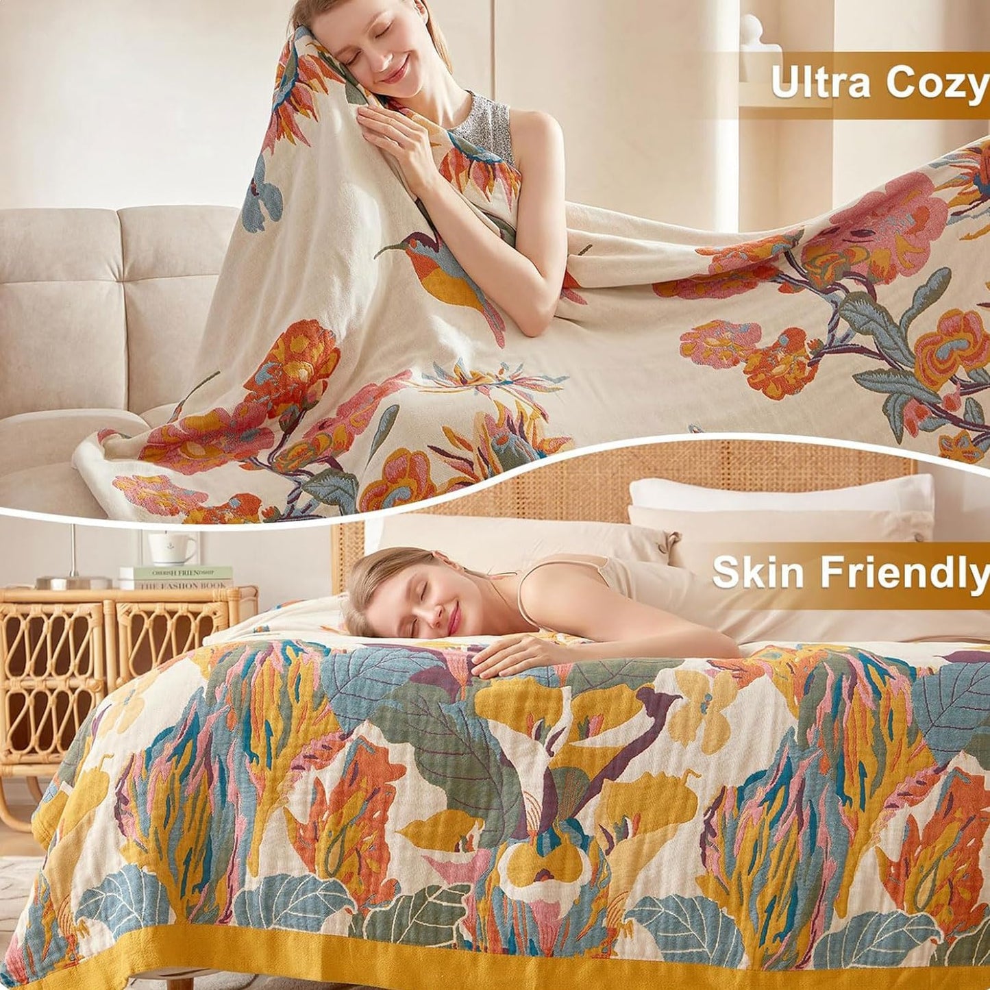 Boho Throw Blanket - 100% Cotton Soft Throw Blanket for Bed, 50"X60" Reversible Breathable Lightweight Fall Blankets, All Seasons Farmhouse Decor Floral Plant Butterfly Throw Quilt