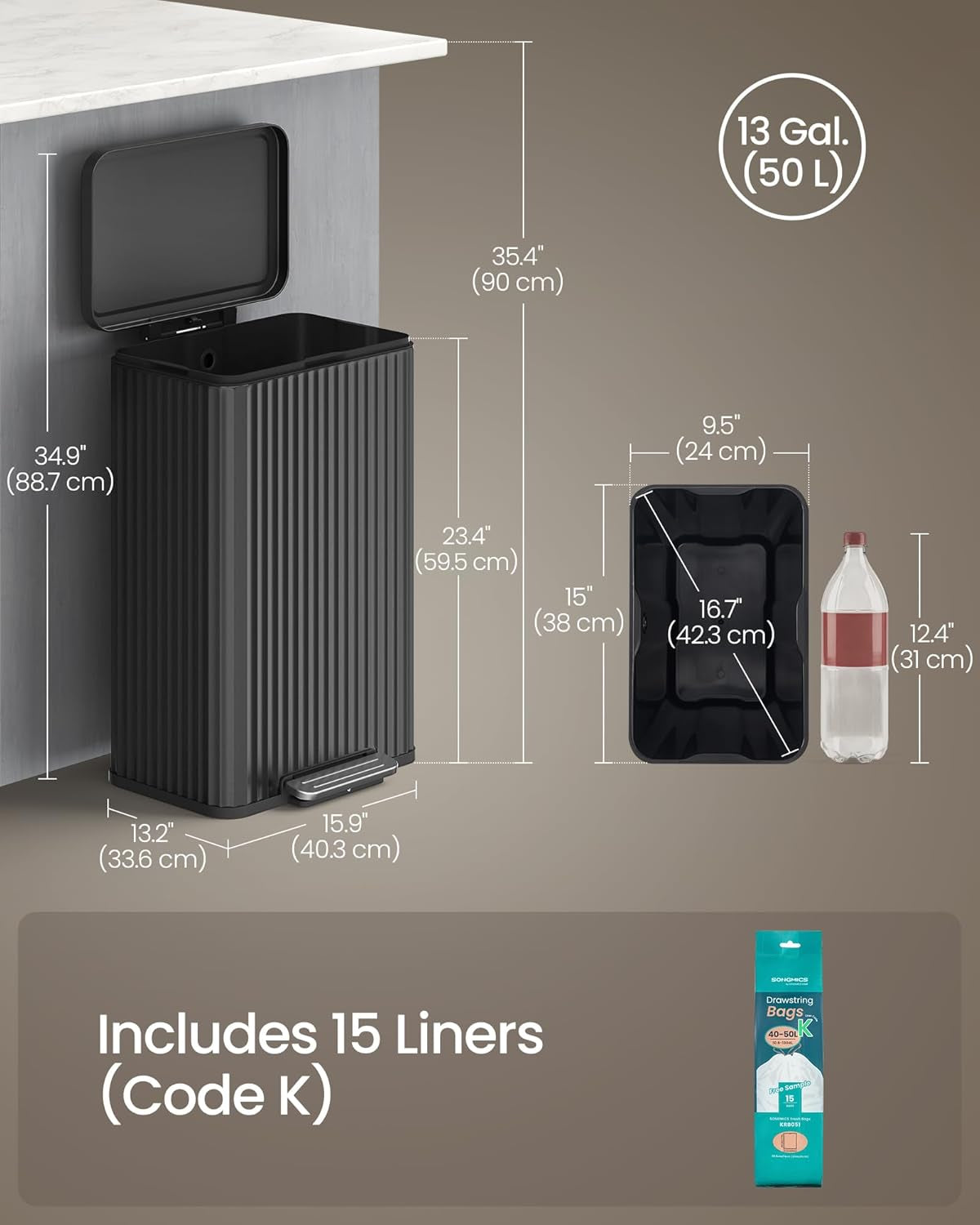 Trash Can, 13 Gallon (50 L) Garbage Can for Kitchen, with Lid, Pedal, and Removable Inner Bucket, Soft Close, Stainless Steel, 15 Trash Bags (Code K) Included, Ink Black ULTB586BZ01