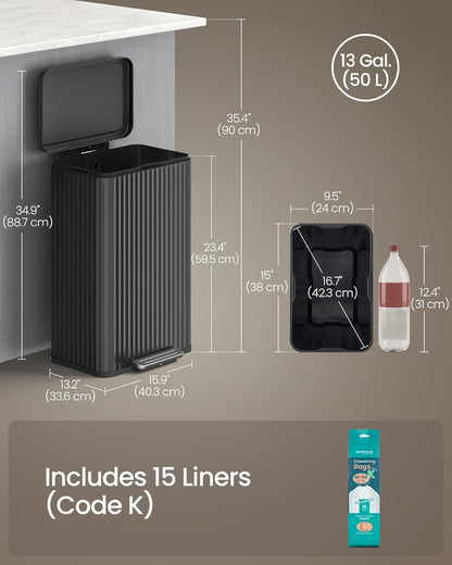 Trash Can, 13 Gallon (50 L) Garbage Can for Kitchen, with Lid, Pedal, and Removable Inner Bucket, Soft Close, Stainless Steel, 15 Trash Bags (Code K) Included, Ink Black ULTB586BZ01