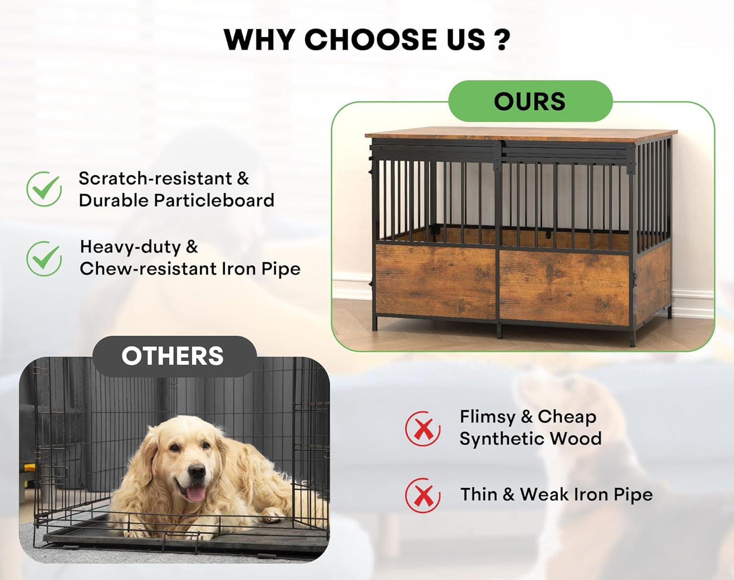 40 Inch Dog Crate Furniture, Heavy Duty Dog Kennel Indoor with Cushion & Double Doors, Wooden Dog Cage Side End Table for Medium Large Dogs, Brown