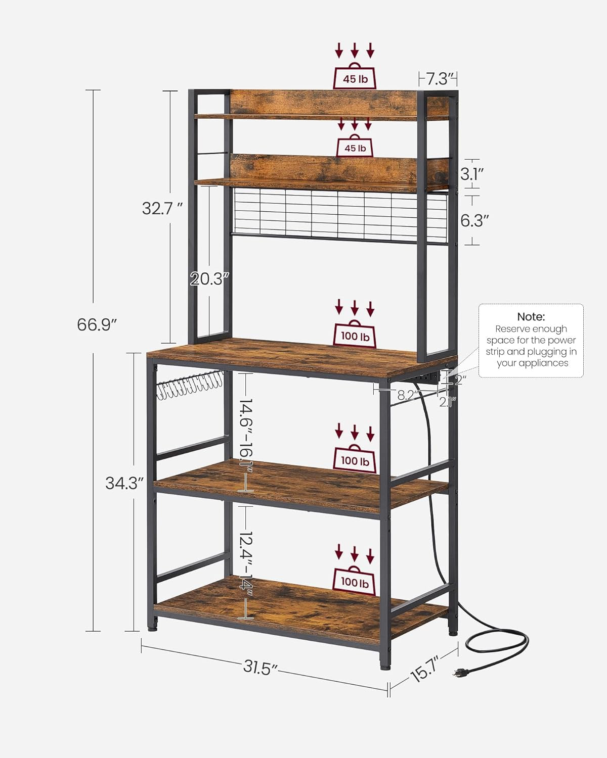 Hutch Bakers Rack with Power Outlet, 14 Hooks Microwave Stand, Adjustable Coffee Bar with Metal Wire Panel, Kitchen Storage Shelf, 15.7 X 23.6 X 66.9 Inches, Rustic Walnut and White UKKS037W41