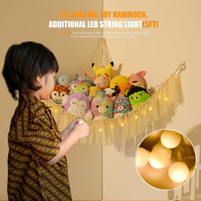 Stuffed Animal Storage Macrame Boho Plush Toy Net Hammock for Stuffed Animals with Light Pet Net for Stuffed Animals Corner Hanging Stuffed Animal Holder Teddy Bear Net for Kids Room (Shiny White)