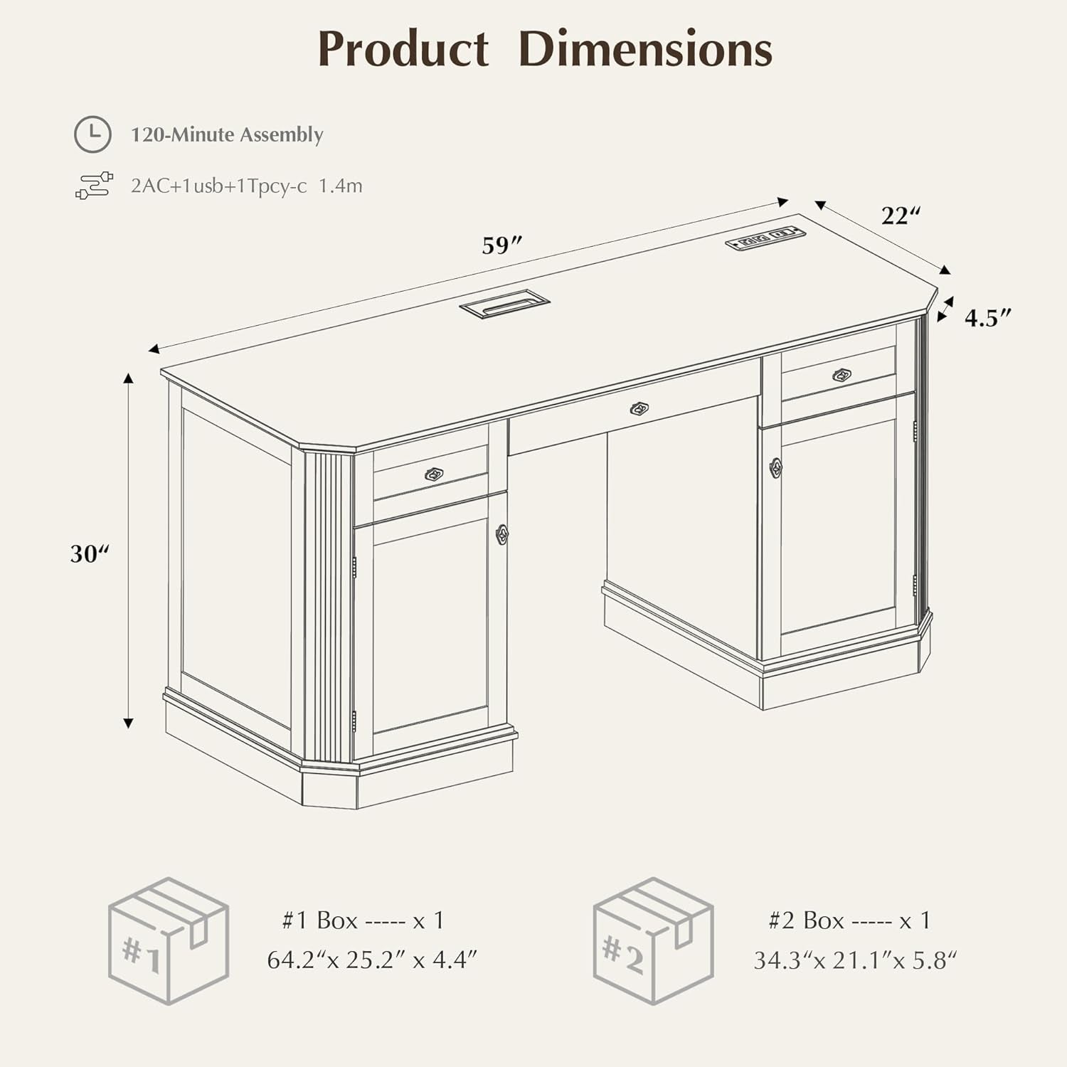 59" Classic Executive Desk with Storage, Victorian Executive Desk with Charging Station, Keyboard Tray, 3 Drawers & 2 Cabinet Storage & 2 Pedestals, Easy Assembly, Dark Walnut
