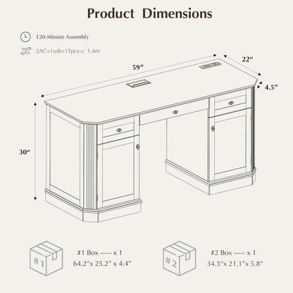 59" Classic Executive Desk with Storage, Victorian Executive Desk with Charging Station, Keyboard Tray, 3 Drawers & 2 Cabinet Storage & 2 Pedestals, Easy Assembly, Dark Walnut