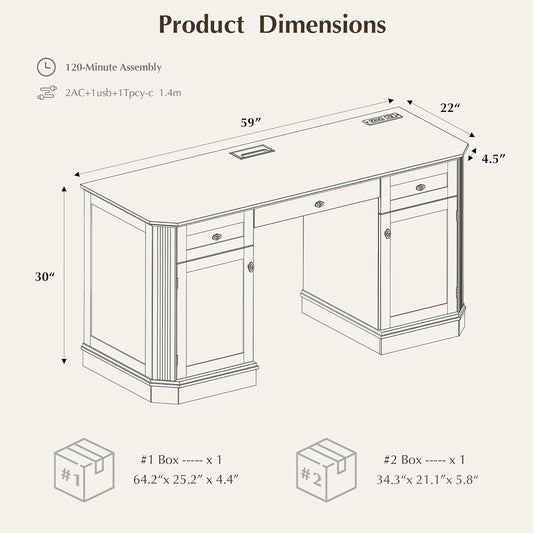 59" Classic Executive Desk with Storage, Victorian Executive Desk with Charging Station, Keyboard Tray, 3 Drawers & 2 Cabinet Storage & 2 Pedestals, Easy Assembly, Dark Walnut