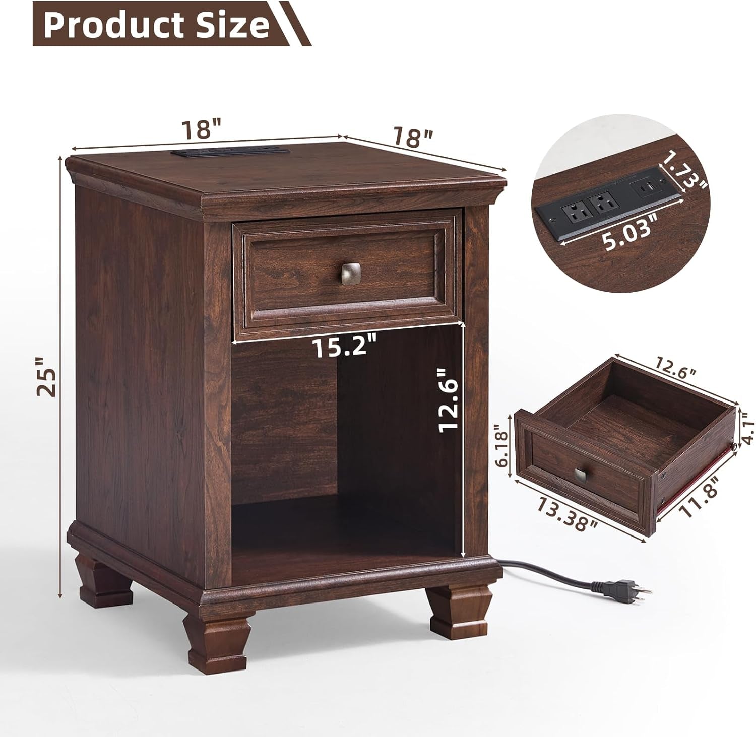 Farmhouse Night Stand with Charging Station, Rustic Wood Nightstand with Drawer, End Side Table for Living Room, Bedside Table with Open Shelf for Bed Room, Walnut