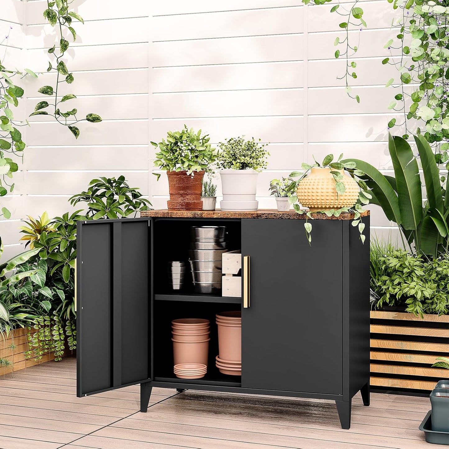 30" H Outdoor Storage Cabinet, Sideboard Buffet Cabinet, 2 Doors, Metal, Adjustable Shelf, Kitchen,Coffee Bar, Garden, Entryway, Table Cupboard,16" Dx 32" Wx30 H Black