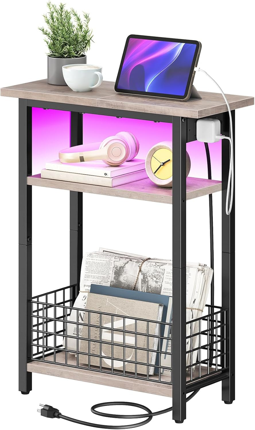 Narrow Side Table with Charging Station and LED Light, Small End Table with Storage, Skinny Nightstand with USB Port, Slim Bedside Table for Small Spaces, Living Room, Greige BG242UDBZ01