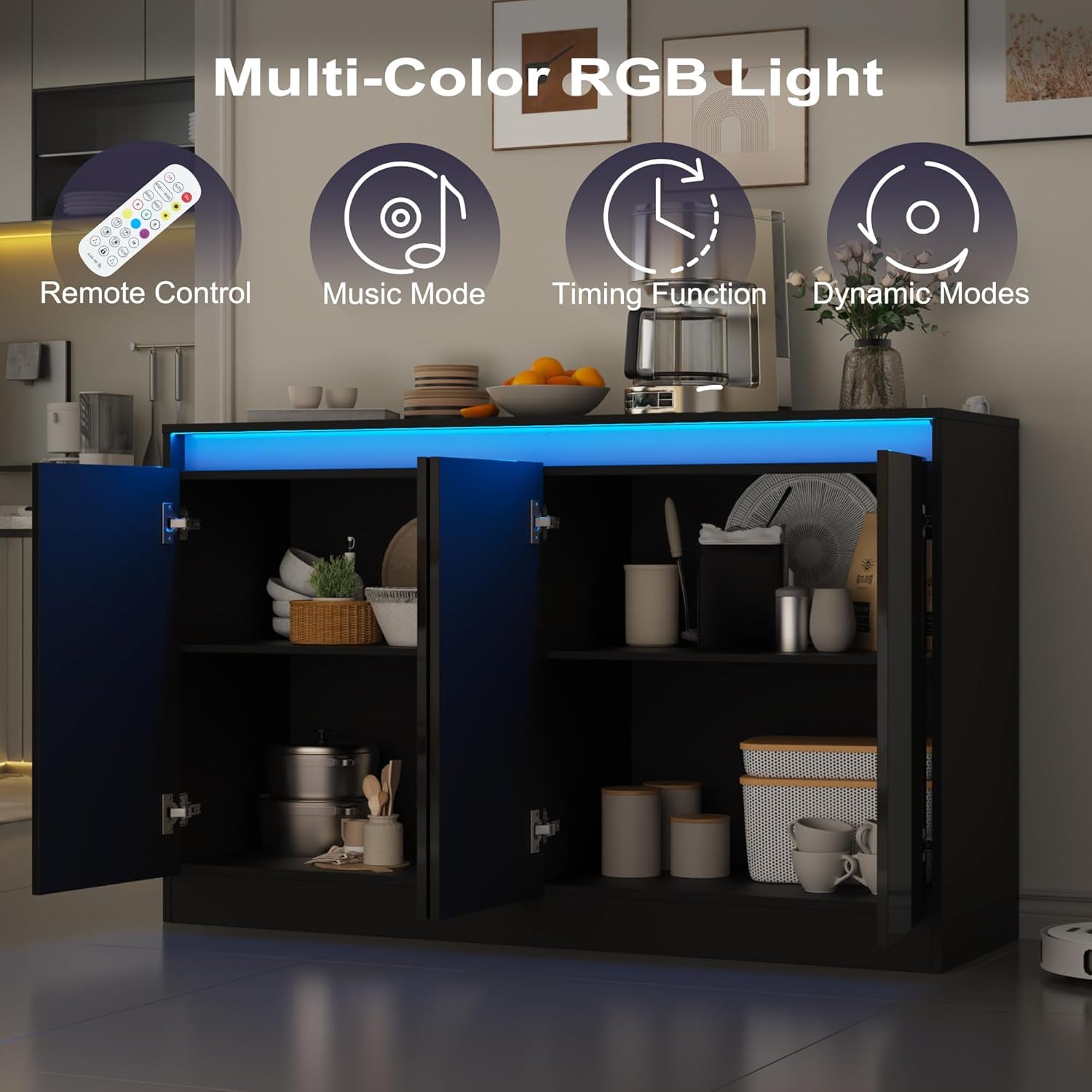 51" W Buffet Cabinet with 4 Doors, High Gloss Sideboard Coffee Bar with LED Lights & Charging Station, Handless Modern Sideboard Storage Cabinet for Living Room, Entryway, Black