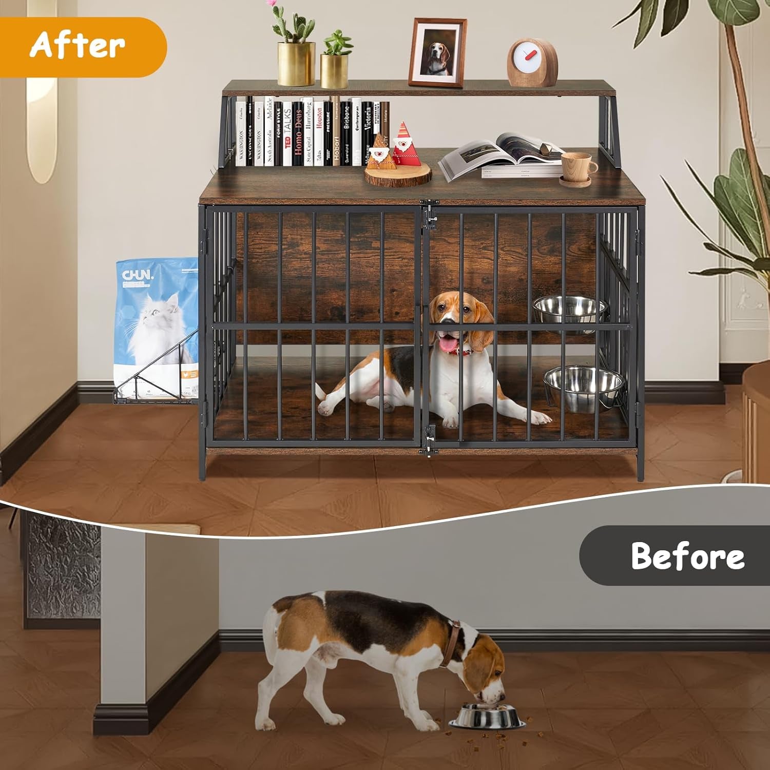 Heavy Duty Dog Crate Furniture -  40” Large Dog Kennel Furniture with Elevated Stainless Steel Bowls, Wooden Dog Crate with Storage, Brown Dog Crates for Small Medium Dogs