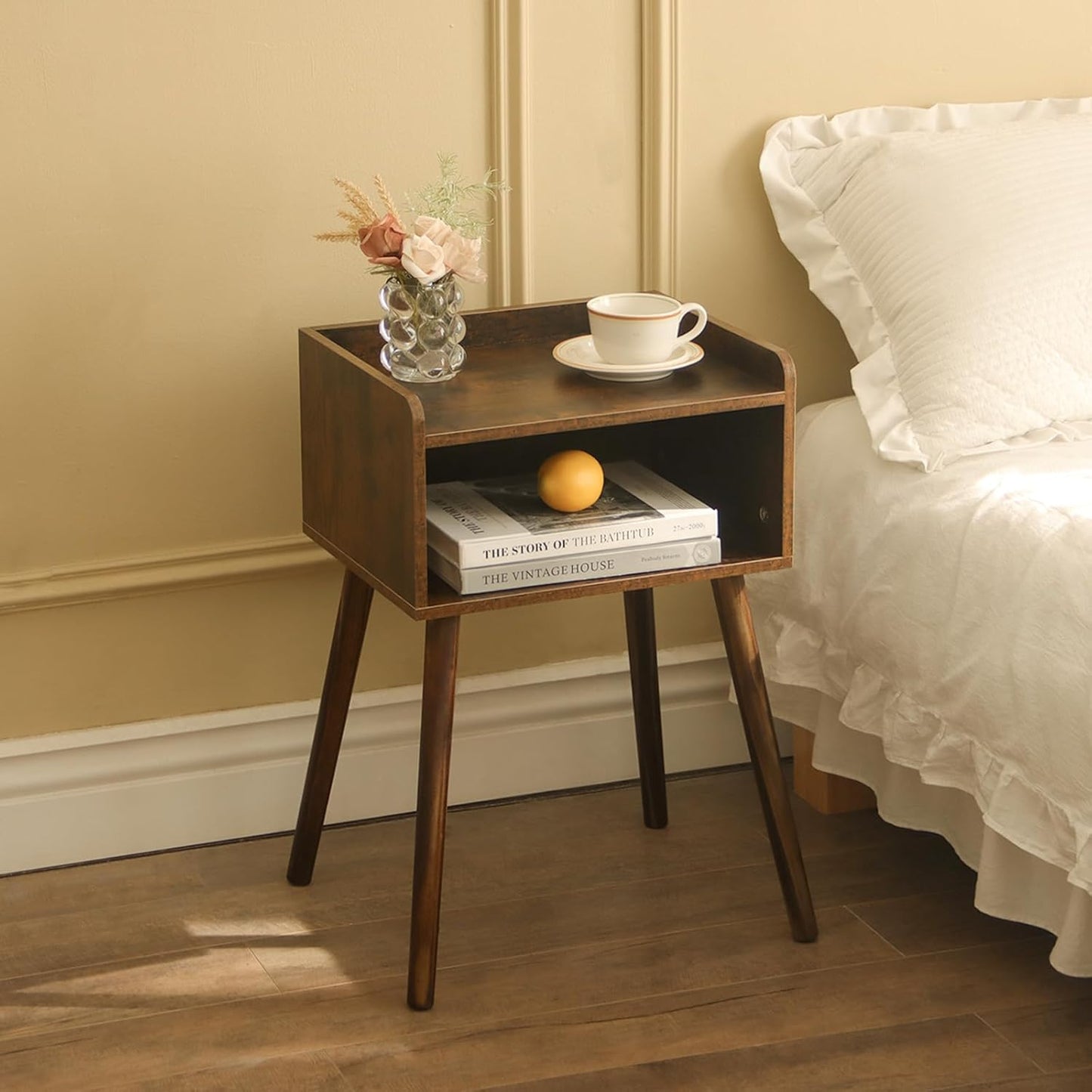 Nightstand, Mid Century Modern Side Table Bedroom with Storage, Small End Bedside Table with Solid Wood Legs for Living Room, Office Small Spaces (Rustic Brown)
