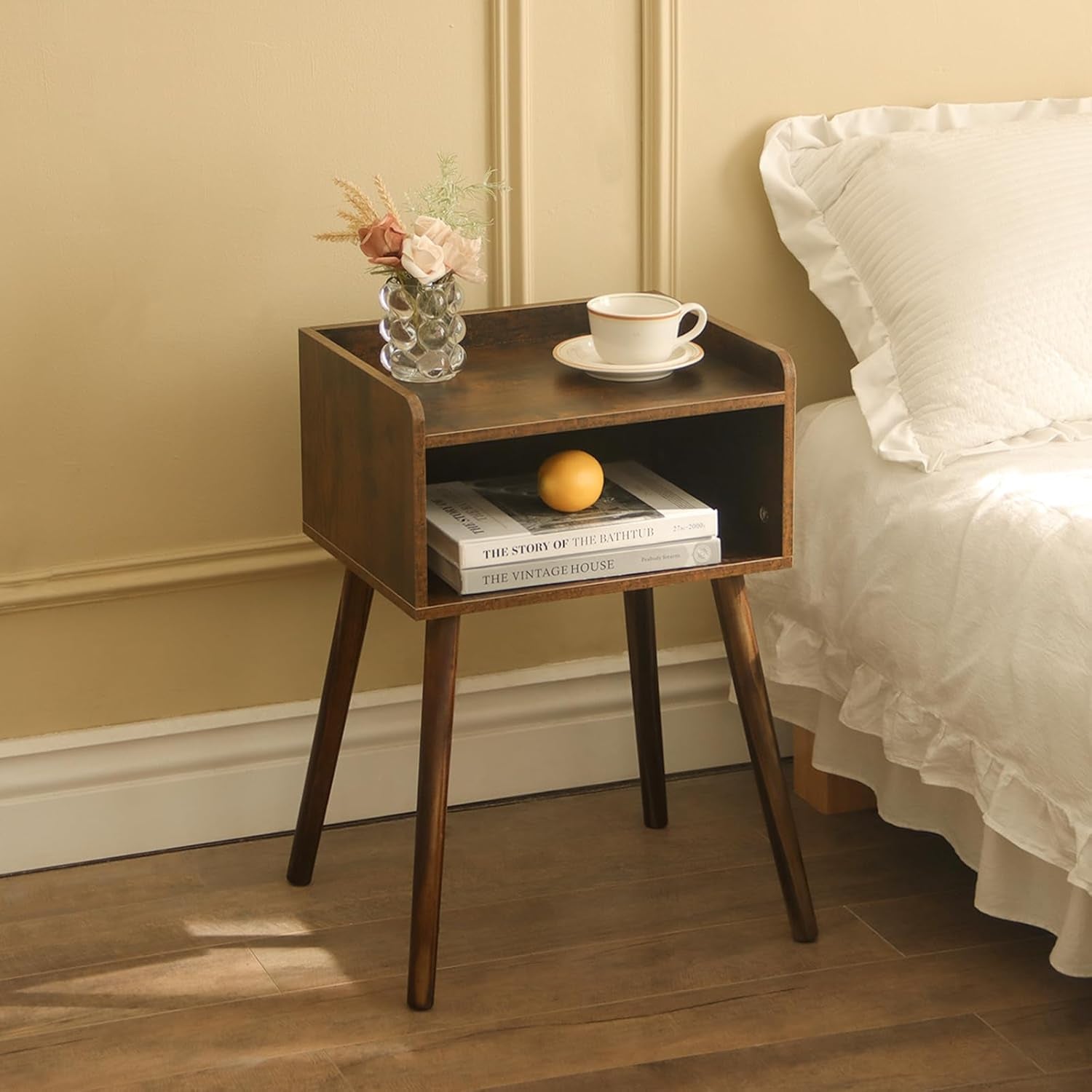 Nightstand, Mid Century Modern Side Table Bedroom with Storage, Small End Bedside Table with Solid Wood Legs for Living Room, Office Small Spaces (Rustic Brown)