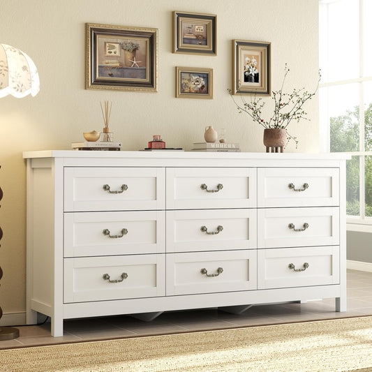 Upgraded 9-Drawer Dresser for Bedroom, 63" Wide Dresser TV Stand for Tvs up to 75", Farmhouse Long Storage Wooden Dressers Organizer, Large Chest of Drawers with Vintage Pull for Closet, White