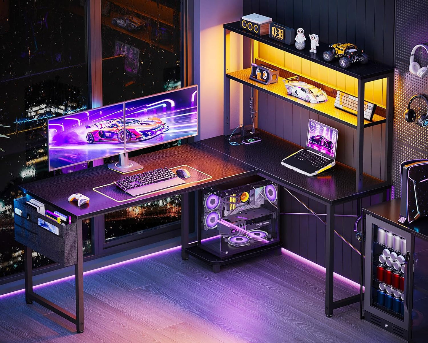 53 Inch L Shaped Gaming Desk with LED Lighting, Reversible Desk with Power Outlets, Cornor Computer Table with Storage Shelves & Bag & Iron Hook, Home Office Table for Writing, Study, Black