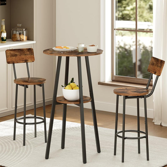 3 Pieces round Bar Height Table and Chairs Set, round Dining Table Set, Pub Table and Chairs for Small Space, 2 Tier Kitchen Table and Bar Stools with Back, Rustic Brown BF35BT01