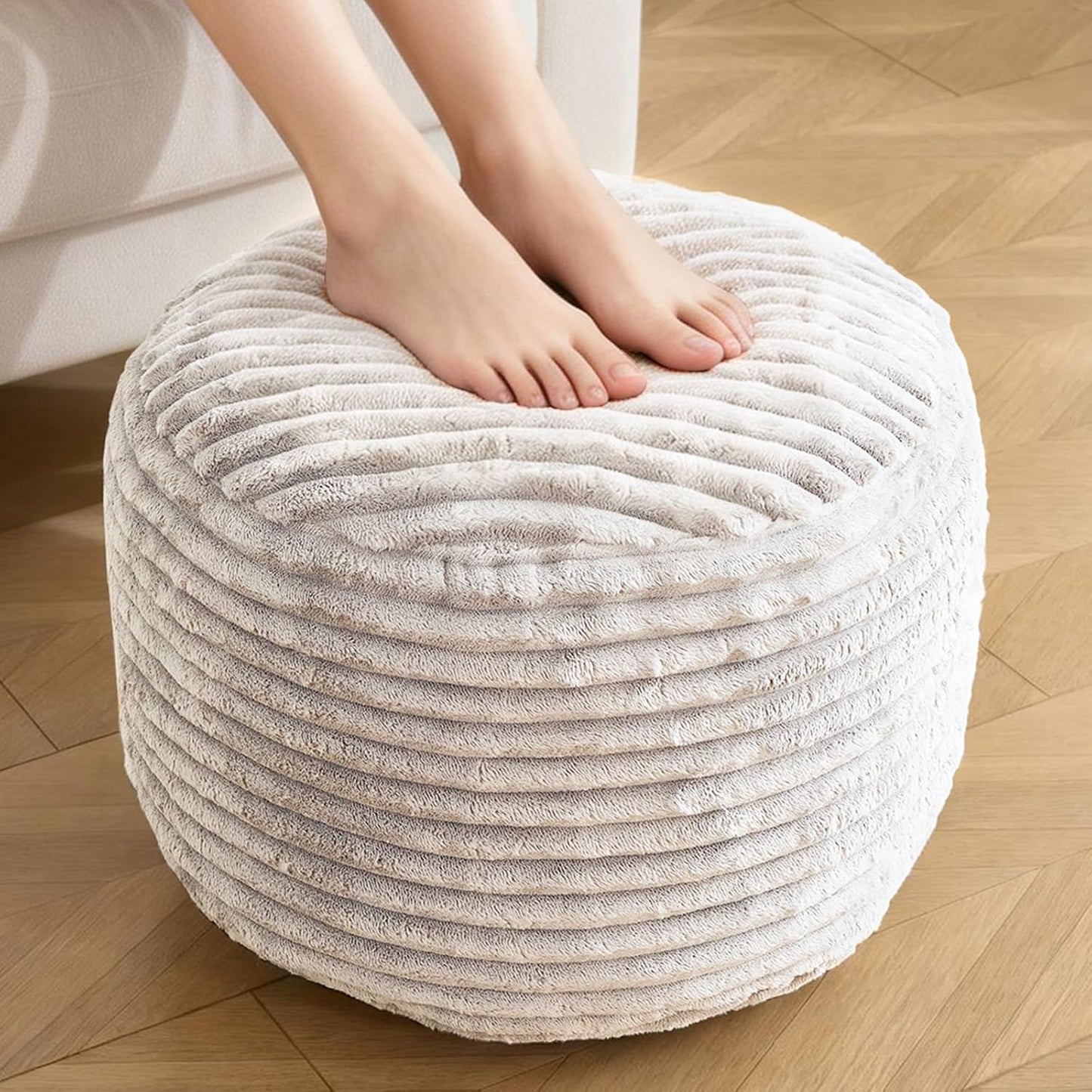 Round Pouf Ottoman,Corduroy Poufs with Memory Foam Filling for Foot Rest,Soft Footstool for Living Room,Office,20"X 17",Beige