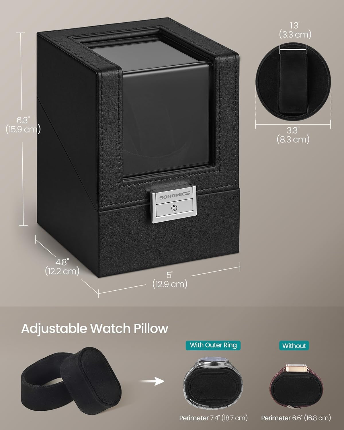 Automatic Single Watch Winder Box with Quiet Motor, for Automatic Watches, with LED Light, Adjustable Pillow, Lock, 4 Winding Settings, Includes a USB-C Charging Cable, Black UJWB030B01